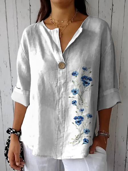

Shawl Collar Three Quarter Sleeve Floral Regular Loose Blouse For Women, As picture, Blouses