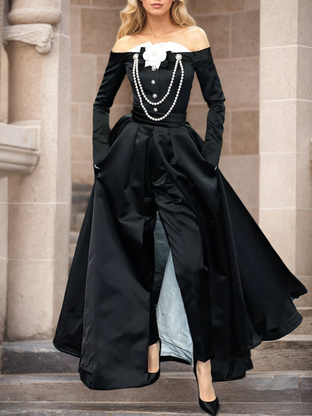 

Elegant Plain Off The Shoulder Jumpsuit With Brooch, Black, Jumpsuits