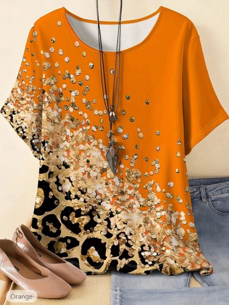 

Vintage Leopard Art Print Crew Neck Three Quarter Sleeve Cotton T-shirt, Orange, T-shirts