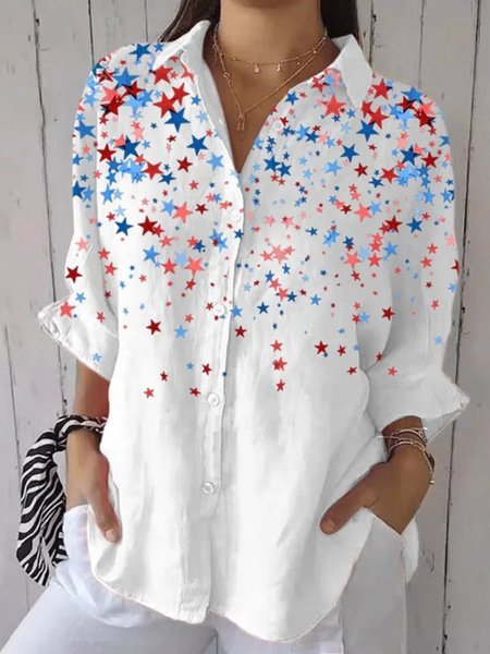 

Independence Day (Flag) Shirt Collar Long Sleeve Star Print Cotton Casual Shirt For Women, White, Shirts