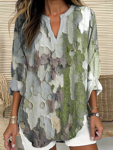 

V Neck Long Sleeve Geometric Regular Micro-Elasticity Regular Fit Shirt For Women, Gray, Shirts