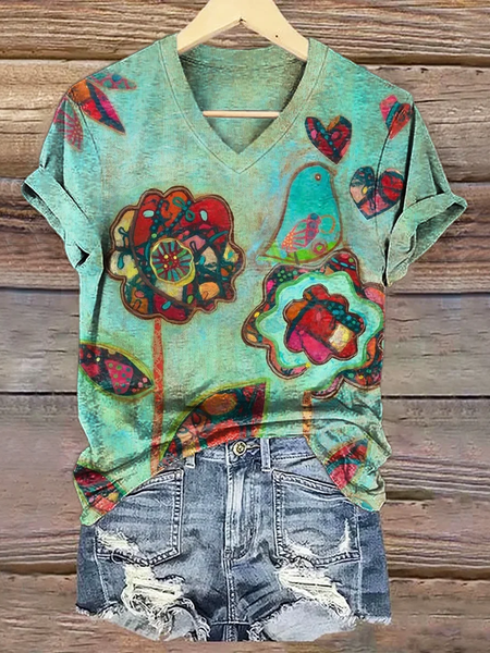 

Women Floral Short Sleeve Tee T-shirt V Neck Printing Casual Summer Graphic Tee Top, Green, T-Shirts
