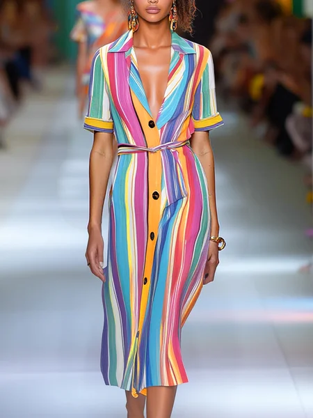 

Casual Striped Printing Midi Dress Belt, As picture, Midi Dresses