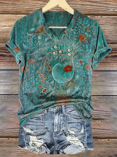 

Women Floral Short Sleeve Tee T-shirt V Neck Printing Casual Summer Graphic Tee Top, Green, T-Shirts