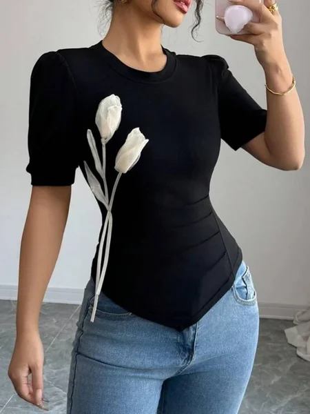 

Casual Plain 3D Floral Crew Neck T-shirt, Black, Tees