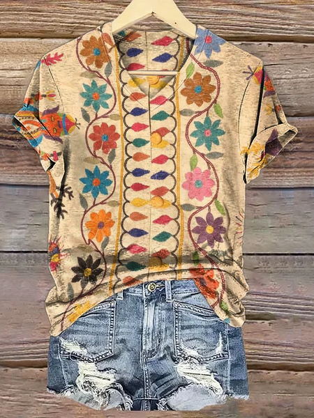 

Women Floral Short Sleeve Tee T-shirt V Neck Printing Casual Summer Graphic Tee Top, Light khaki, T-Shirts