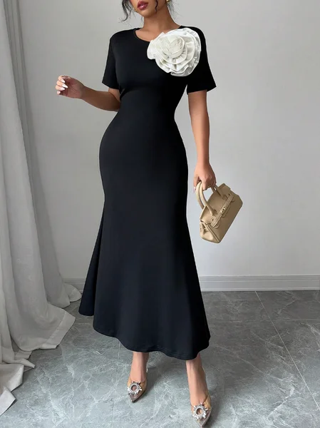 

Elegant Color Block 3D Floral Midi Dress, Black, Midi Dresses