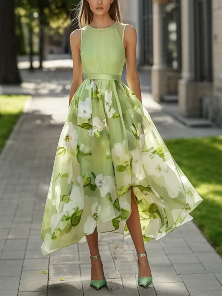 

Vacation Floral Printing Crew Neck Midi Dress, Green, Midi Dresses