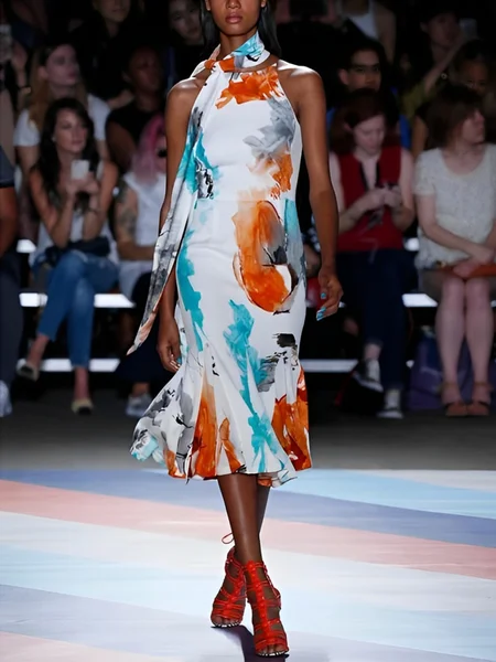 

Elegant Random Print Printing Crew Neck Midi Dress With Scarf, As picture, Midi Dresses