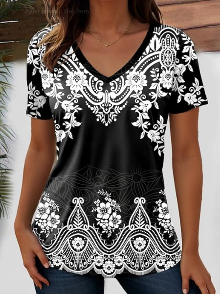 

Casual Ethnic Print V Neck Short Sleeve T-shirt, Black, T-shirts