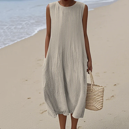 

Women Striped Crew Neck Sleeveless Comfy Casual Maxi Dress, Khaki, Maxi