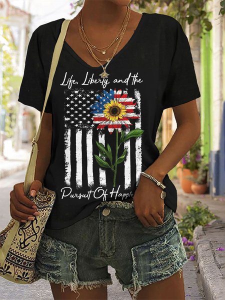 

Casual Floral V Neck Short Sleeve T-shirt, Black, T-shirts