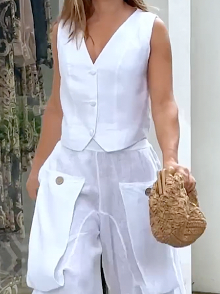 

Plus Size Cotton And Linen V Neck Plain Casual Vest, White, Plus Tops