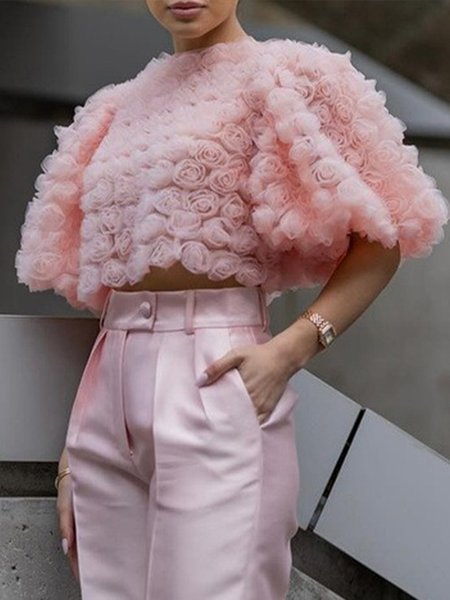 

Urban Plain 3D Floral Crew Neck Puff Sleeve Blouse, Pink, Blouses and Shirts