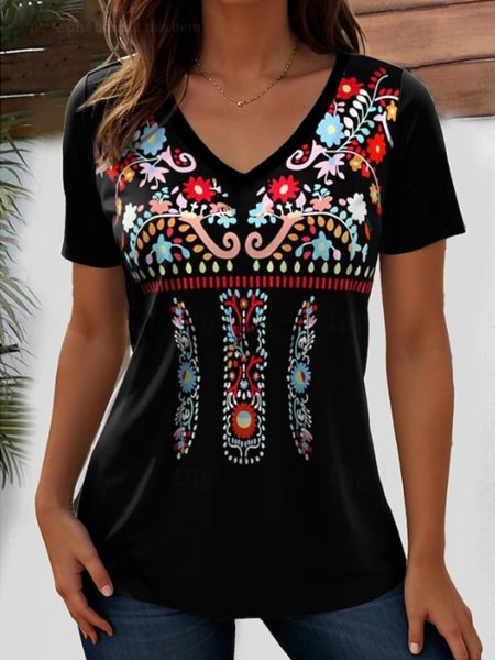 

Casual Floral V Neck Short Sleeve T-shirt, Black, T-shirts