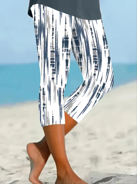 

Women Abstract Stripes Capris Elastic Waist Pants Casual Summer Trousers, White, Leggings