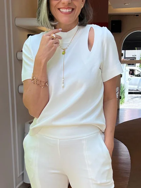 

Urban Plain Hollow Out Crew Neck Blouse, White, Tees