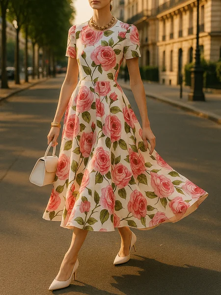 

Elegant Floral Printing Crew Neck Midi Dress, As picture, Midi Dresses