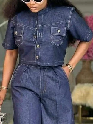 

Cotton Casual Plain Pockets Denim Shirt, Blue, Blouses and Shirts
