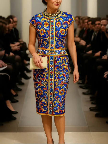 

Urban Random Print Raglan Sleeve Printing Crew Neck Knee Length Dress, Blue, Midi Dresses