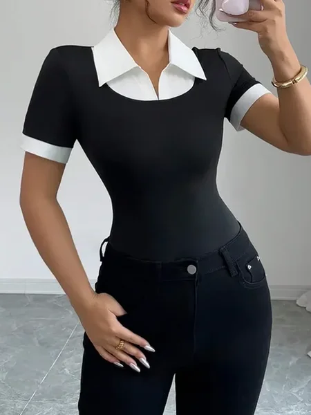 

Urban Plain Split Joint Shirt Collar Blouse, Black, Blouses and Shirts