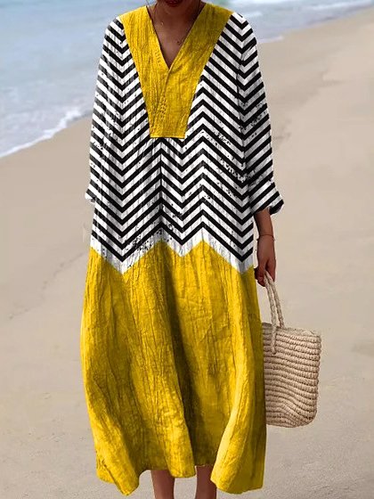 

Women Striped V Neck Long Sleeve Comfy Casual Maxi Dress, Yellow, Maxi