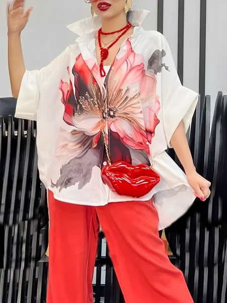 

Casual Floral Printing Shirt Collar Raglan Sleeve Shirt, As picture, Blouses and Shirts