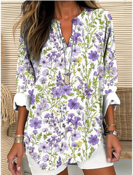 

V Neck Long Sleeve Geometric Regular Micro-Elasticity Regular Fit Shirt For Women, White, Shirts