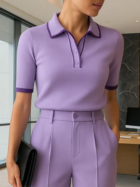 

Urban Color Block Buttoned Polo Collar Knit Top, Lavender, Pullovers