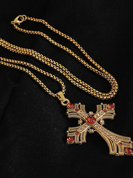 

2025 New Retro Diamond Necklace Rhinestone Long Cross Pendant Sweater Chain Fashion Advanced Punk Necklace, Red, Necklaces