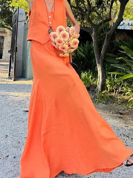 

Cotton And Linen Vacation Distressing Plain Maxi Skirt, Orange, Skirts