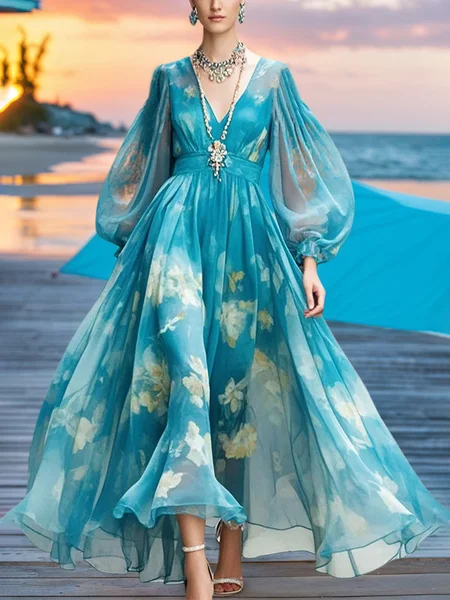 

Vacation Floral Balloon Sleeve Printing V Neck Maxi Dress, Blue, Maxi Dresses