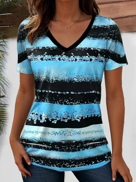 

Casual Striped V Neck Short Sleeve T-shirt, Blue, T-shirts