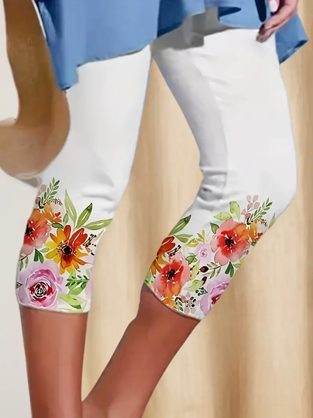 

Women Floral Capris Elastic Waist Pants Casual Summer Trousers, White, Leggings