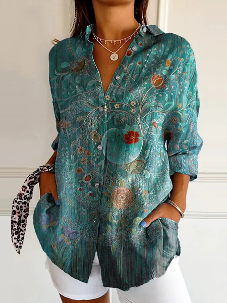 

Women Floral Long Sleeve Shirt Spring/Fall Buckle Shirt Collar Daily Casual Top, Green, Shirts