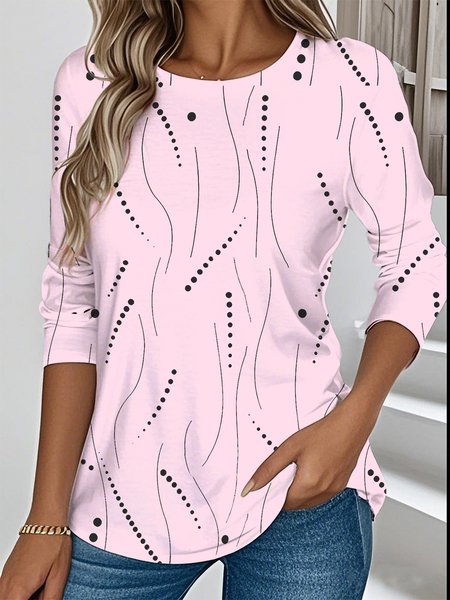

Casual Striped Crew Neck Long Sleeve T-shirt, Pink, T-shirts