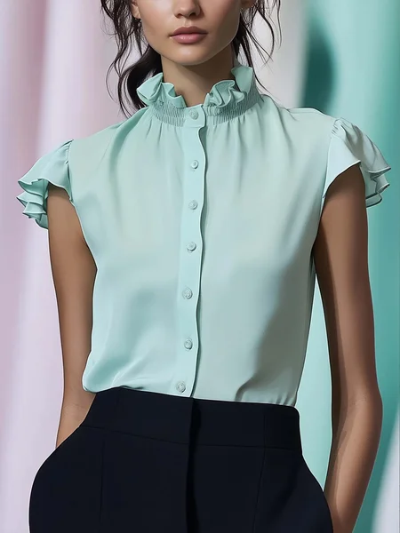 

Urban Plain Peplum Stand Collar Ruffle Sleeve Shirt, As picture, Blouses and Shirts