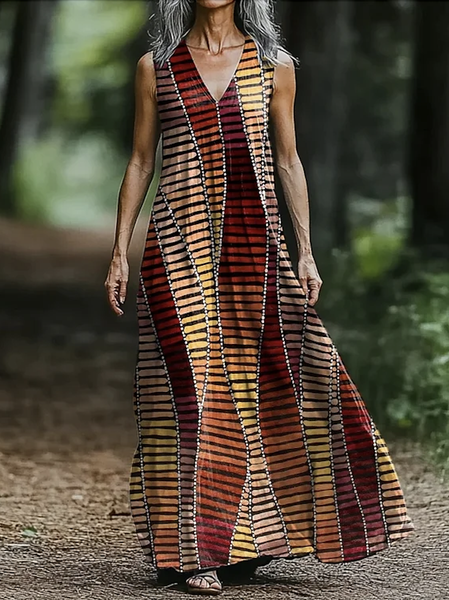 

Women Geometric V Neck Sleeveless Comfy Casual Maxi Dress, Brown, Maxi