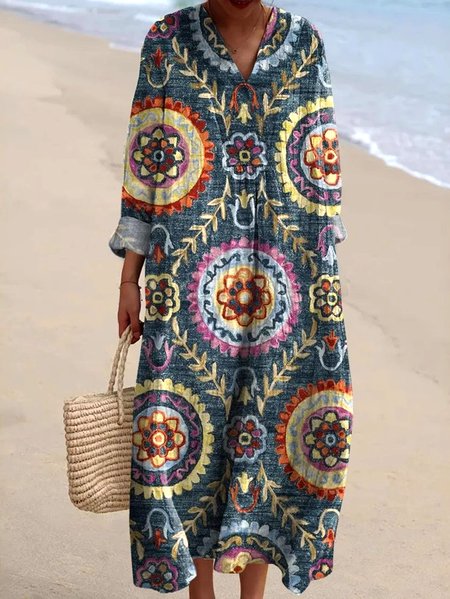 

Women Floral V Neck Long Sleeve Comfy Casual Maxi Dress, Navyblue, Maxi