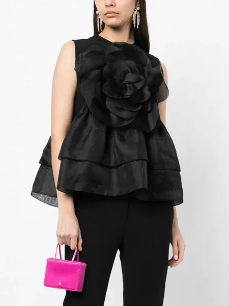 

Elegant Plain 3D Floral Crew Neck Tank Top, Black, Tanks and Camis
