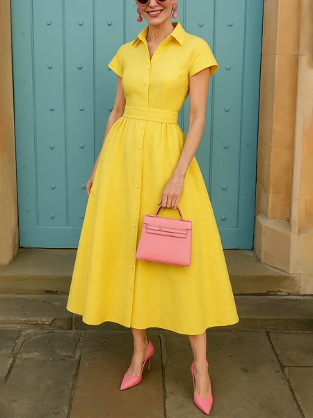 

Casual Plain Cotton Distressing Shirt Collar Midi Dress, Yellow, Midi Dresses