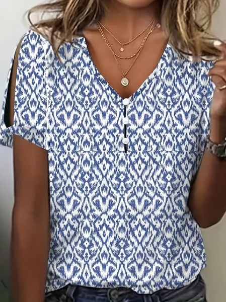

Women Geometric Short Sleeve Tee T-shirt V Neck Printing Casual Summer Top, Blue, T-Shirts