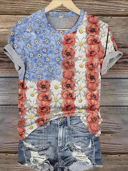 

Casual Floral Crew Neck Short Sleeve T-shirt, Red, T-shirts