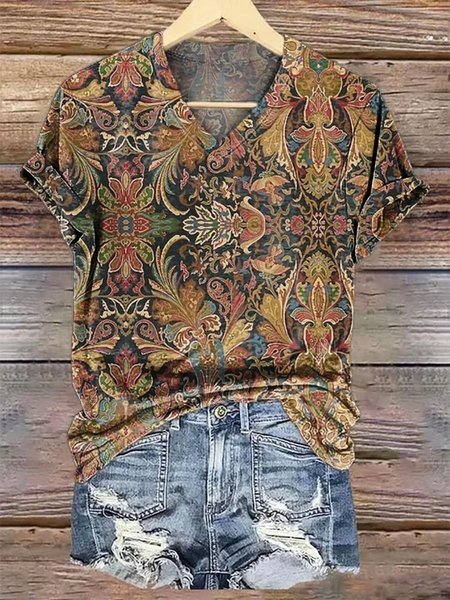 

Casual Ethnic Floral Art Print V Neck Short Sleeve T-shirt, Brown, T-shirts