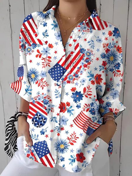 

Independence Day (Flag) America Flag Print Long Sleeve Cotton Shirt For Women, White, Shirts