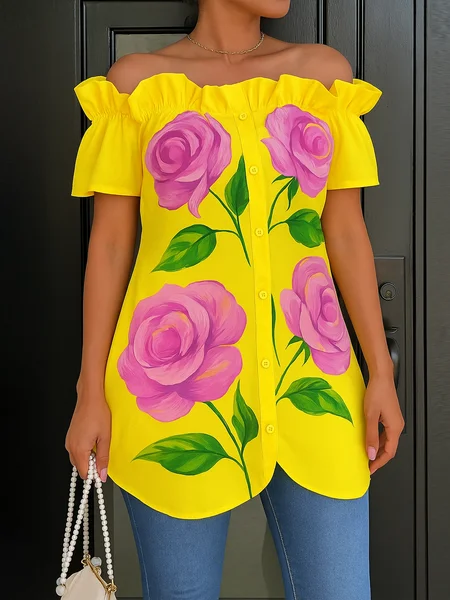 

Casual Floral Printing Lotus Leaf Collar Off Shoulder Sleeve Shirt, Yellow, Blouses and Shirts