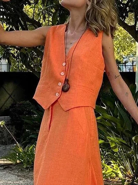

Cotton And Linen Vacation Buttoned Plain V Neck Vest, Orange, Vests and Gilets