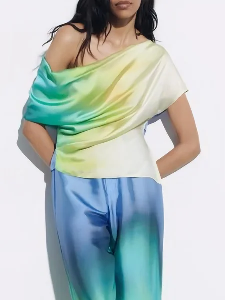 

Vacation Gradient Pattern Printing One Shoulder Blouse, As picture, Blouses and Shirts