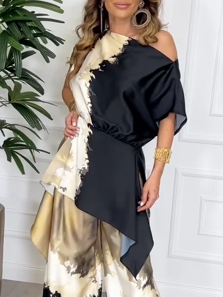 

Urban Abstract Printing Cold Shoulder Blouse, As picture, Blouses and Shirts