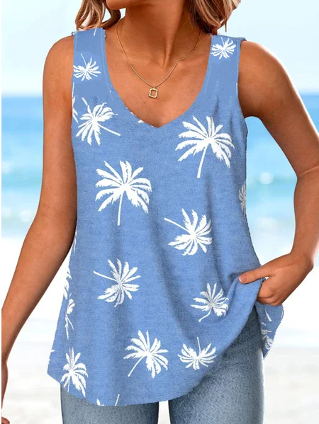 

Casual Coconut Tree V Neck Sleeveless T-shirt, Blue, Tanks & Camis